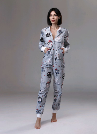 Женская пижама комбинезон с карманом на попе попожама Серые Совы