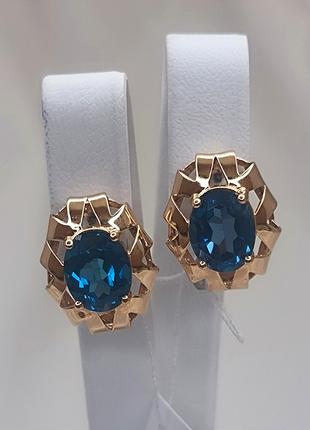 Золотые серьги с голубым камнем