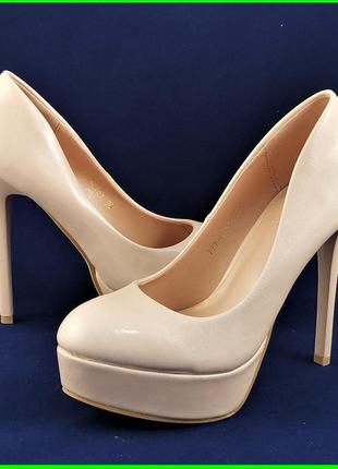 Жіночі бежеві туфлі на каблуку шпильке лакові модельні (розмір...