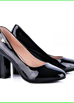 Женские черные туфли на толстом каблуке лаковые модельные (раз...