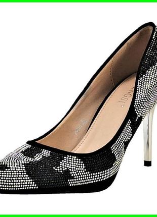 Женские чёрные туфли на каблуке шпильке модельные (размеры: 35...
