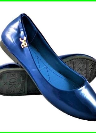 .женские балетки летние синие лаковые мокасины туфли (размеры:...