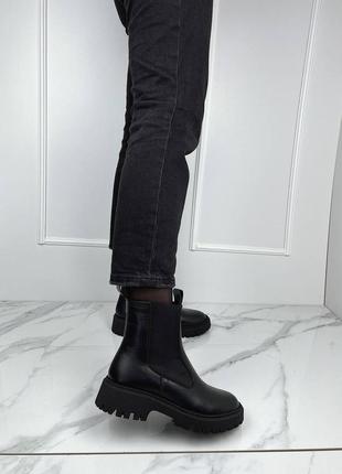 Челси ботинки женские из натуральной кожи черные на байке
