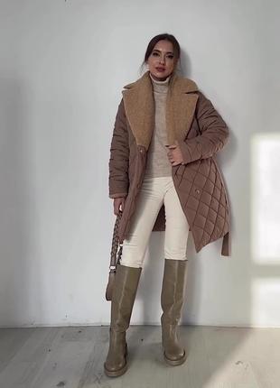 Стеганное пальто с меховым воротником, 110 см , утеплено до -20'С