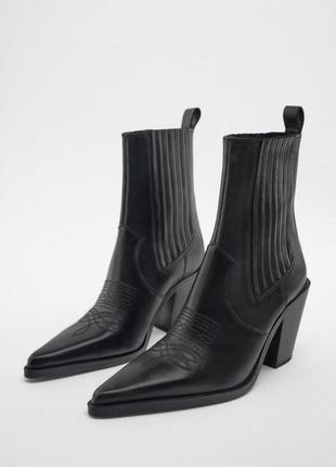 Zara ковбойские кожаные ботинки на каблуке, ботинки в ковбойск...