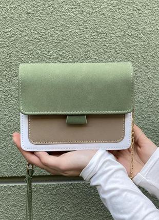 Женская сумка кросс-боди бархатная велюровая замшевая зеленая