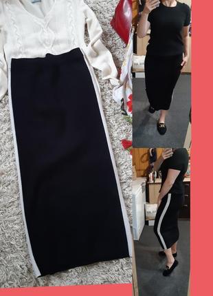 Базовая черная длинная вязаная юбка с лампасами,,chicoree,  p.s-m