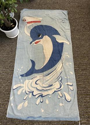 Большое банное полотенце пляжное с дельфином голубое полотенце...