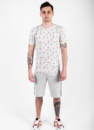 Мужской летний комплект меланжевая футболка "Фламинго" и мелан...