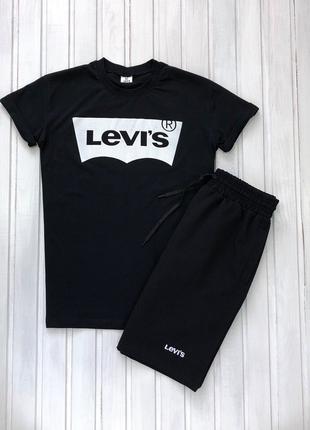 Мужской летний комплект чёрная футболка с принтом "Levi’s" и ч...