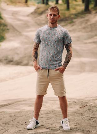Мужской летний комплект серая футболка + бежевые брючные шорты
