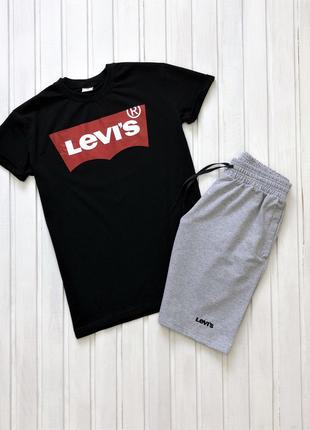 Мужской летний комплект чёрная футболка с принтом "Levi’s" и м...