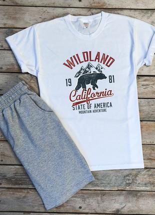 Мужской летний комплект белая футболка с принтом "WILDLAND" и ...