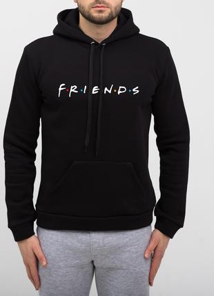 Мужское утеплённое чёрное худи с принтом "Friends"