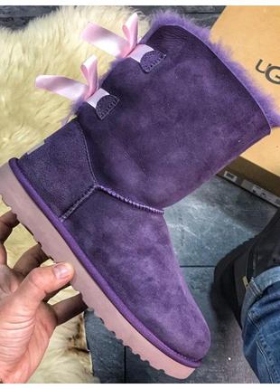 Жіночі зимові UGG Bailey Bow Leather Violet, фіолетові замшеві...
