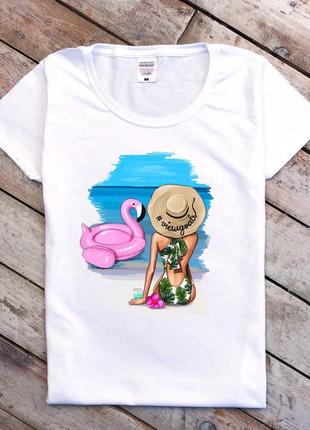 Женская белая футболка с принтом "Пляж/фламинго"