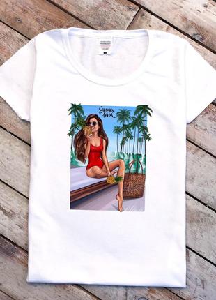 Женская белая футболка с принтом "Пляж/ананас"