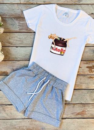 Женский летний комплект белая футболка с принтом "Nutella " и ...