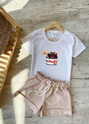 Женский летний комплект белая футболка с принтом "Nutella" и б...