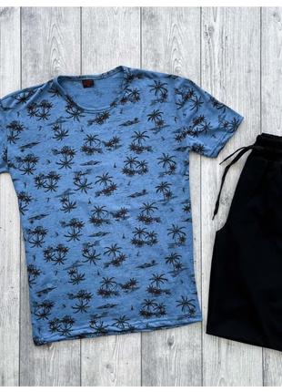 Мужской летний комплект синяя футболка + черные шорты (много ц...