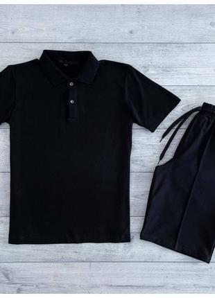 Мужской летний комплект черная футболка поло тенниска + черные...