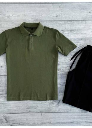 Мужской летний комплект хаки футболка поло тенниска + черные ш...