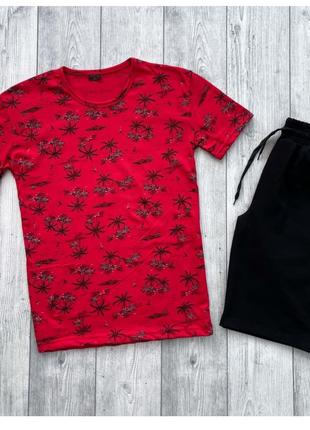 Мужской летний комплект красная футболка + черные шорты (много...