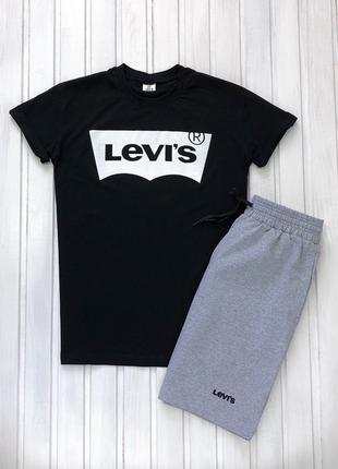 Мужской летний комплект чёрная футболка с принтом "Levi’s" и м...