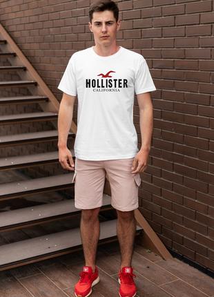 Мужской летний комплект белая футболка с принтом "Hollister" и...
