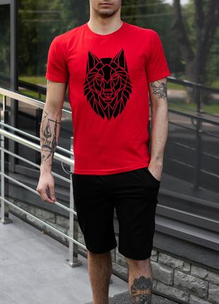 Мужской летний комплект красная футболка с принтом "ВОВК" и чё...