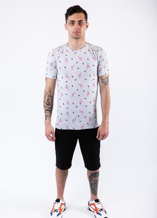 Мужской летний комплект меланжевая футболка "Фламинго" и чёрны...
