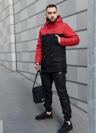 Парка Nike красная черная зимняя + штаны найк+ Барсетка и перч...