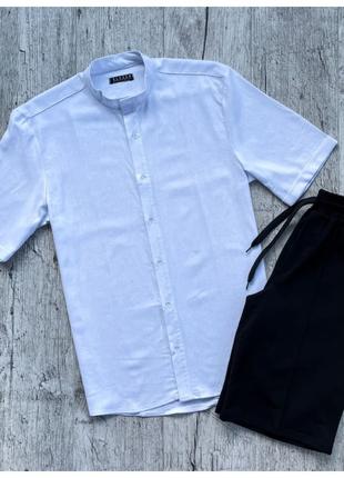 Мужской летний комплект белая льняная рубашка + черные шорты с...