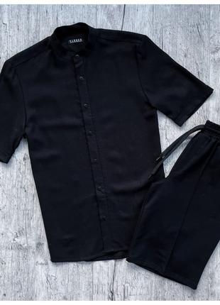 Мужской летний комплект черная льняная рубашка + черные шорты ...