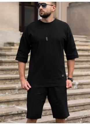 Мужской оверсайз летний комплект черная футболка + черные шорты