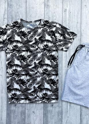 Мужской летний комплект пальма футболка + серые шорты (много ц...