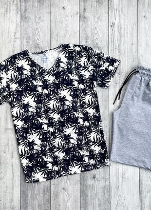 Мужской летний комплект тропик футболка + серые шорты (много ц...