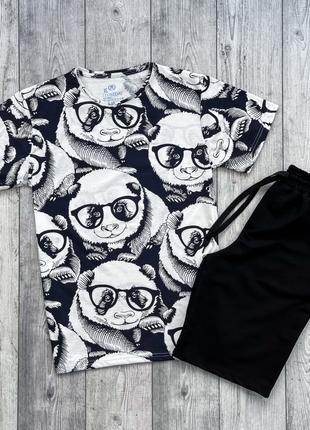 Мужской летний комплект черно-белая футболка + черные шорты (м...