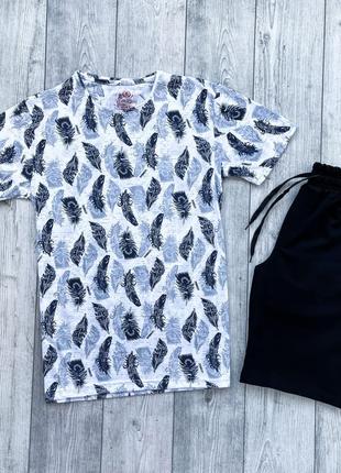 Мужской летний комплект белая футболка + черные шорты (много ц...