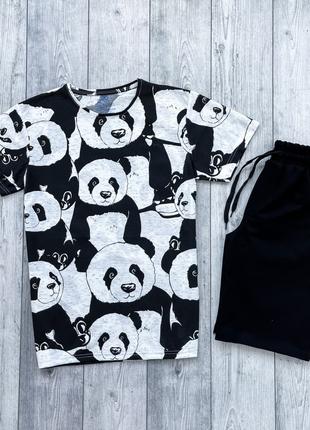 Мужской летний комплект черно-белая футболка + черные шорты (м...