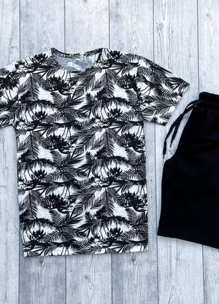 Мужской летний комплект пальма футболка + черные шорты (много ...