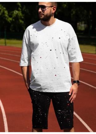 Мужской оверсайз летний комплект белая футболка + черные шорты