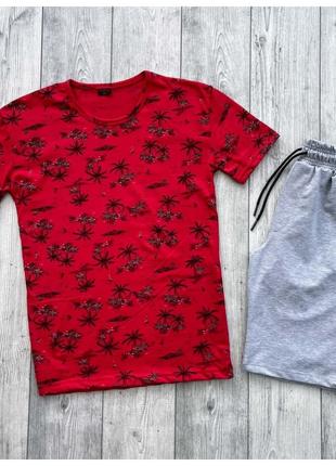 Мужской летний комплект красная футболка + серые шорты (много ...