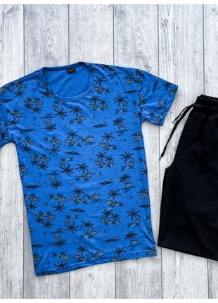 Мужской летний комплект синяя футболка + черные шорты (много ц...