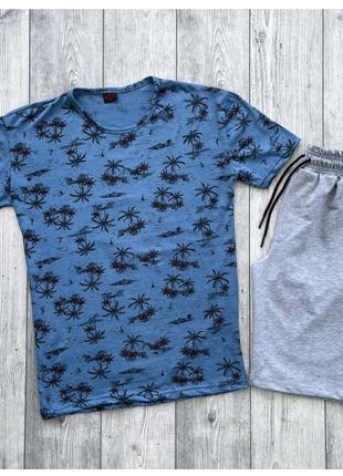 Мужской летний комплект синяя футболка + серые шорты (много цв...