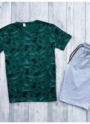 Мужской летний комплект зелёная футболка + серые шорты (много ...