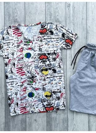 Мужской летний комплект разноцветная футболка + серые шорты (м...