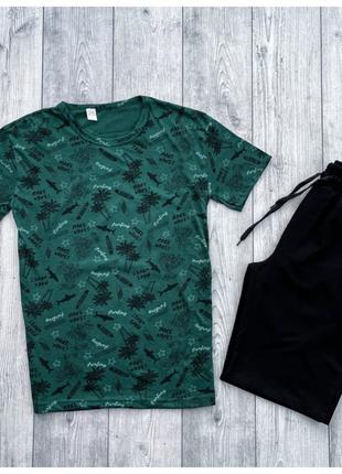 Мужской летний комплект зелёная футболка + черные шорты (много...