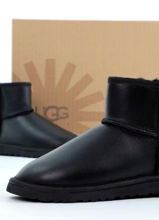 Женские зимние UGG Classic II Mini Black Leather черные кожаны...