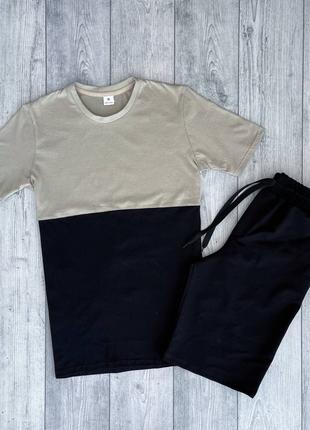 Мужской летний комплект бежевая футболка + черные шорты (много...